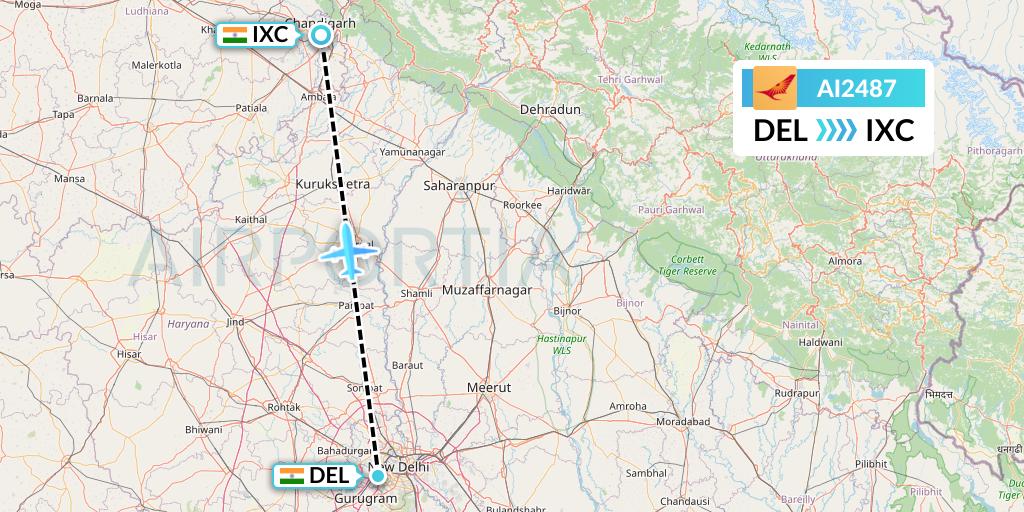AI2487 Air India Flight Map: Delhi to Chandigarh