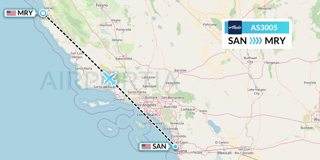 AS3005 Alaska Airlines Flight Map: San Diego to Monterey