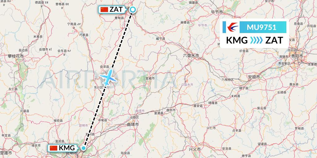 MU9751 China Eastern Airlines Flight Map: Kunming to Zhaotong