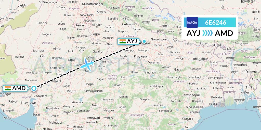 6E6246 IndiGo Airlines Flight Map: Lucknow to Ahmedabad