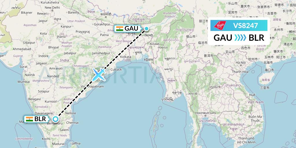 VS8247 Virgin Atlantic Airways Flight Map: Guwahati to Bangalore