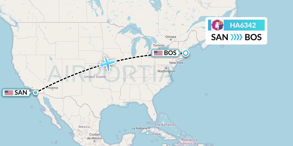 HA6342 Hawaiian Airlines Flight Map: San Diego to Boston