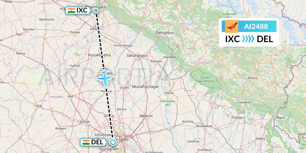 AI2488 Air India Flight Map: Chandigarh to Delhi