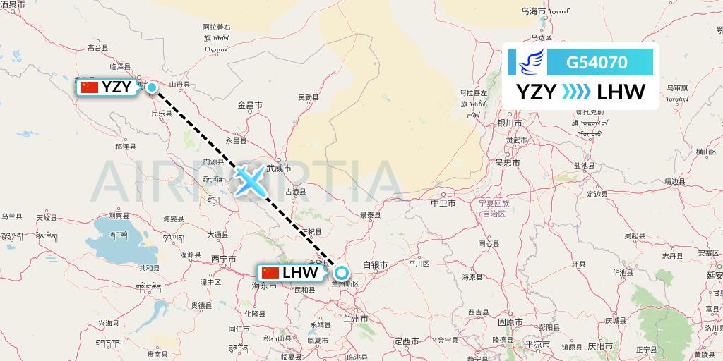G54070 China Express Airlines Flight Map: Zhangye to Lanzhou