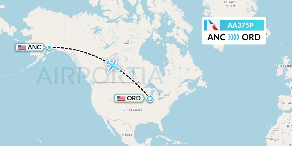 AA375P American Airlines Flight Map: Anchorage to Chicago