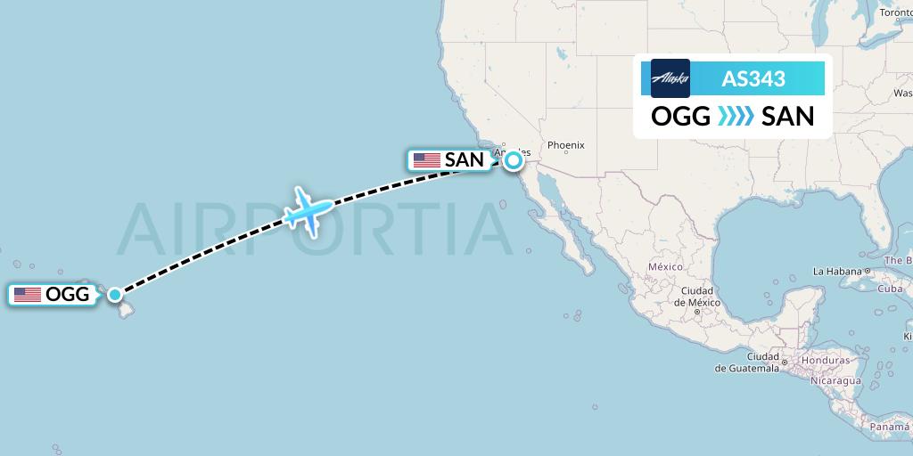 AS343 Alaska Airlines Flight Map: Kahului to San Diego