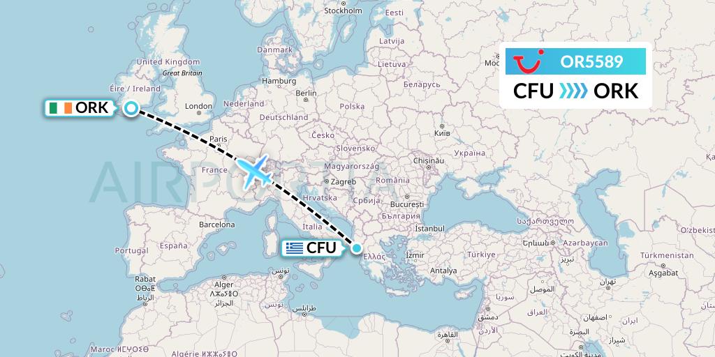OR5589 TUI fly Netherlands Flight Map: Corfu to Cork