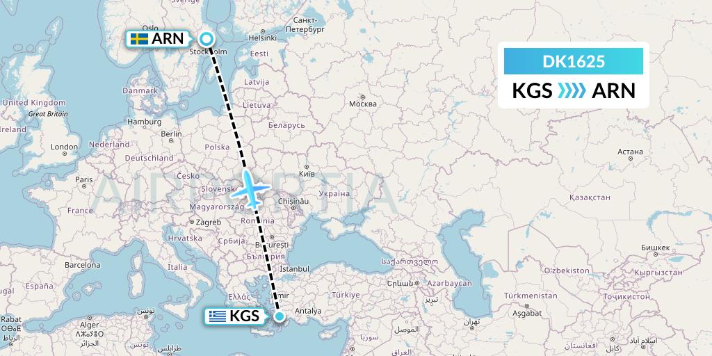 DK1625 Thomas Cook Airlines Scandinavia Flight Map: Kos to Stockholm