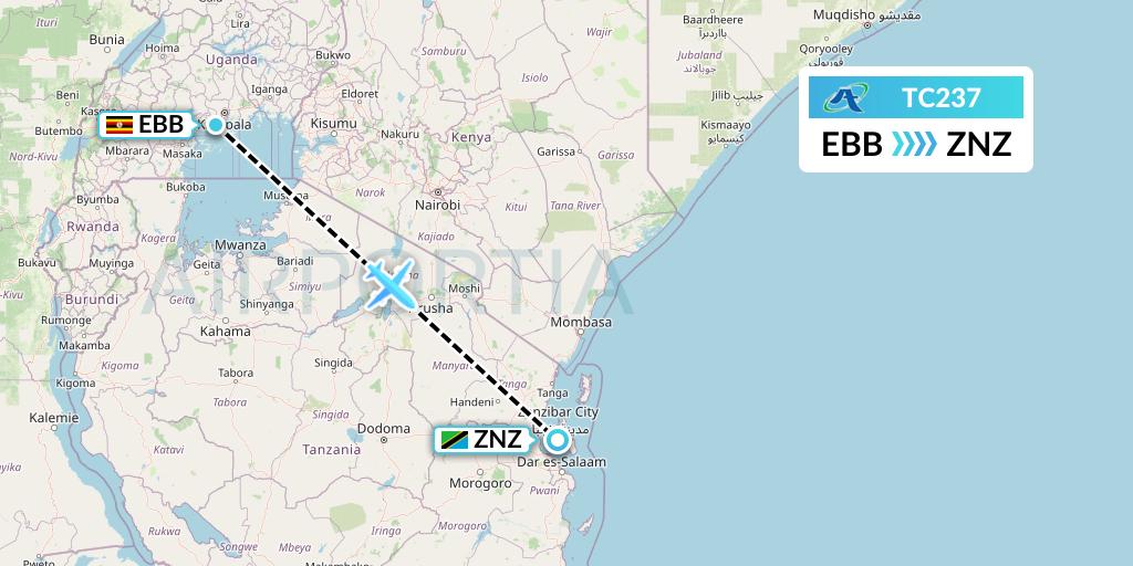 TC237 Air Tanzania Flight Map: Entebbe to Zanzibar