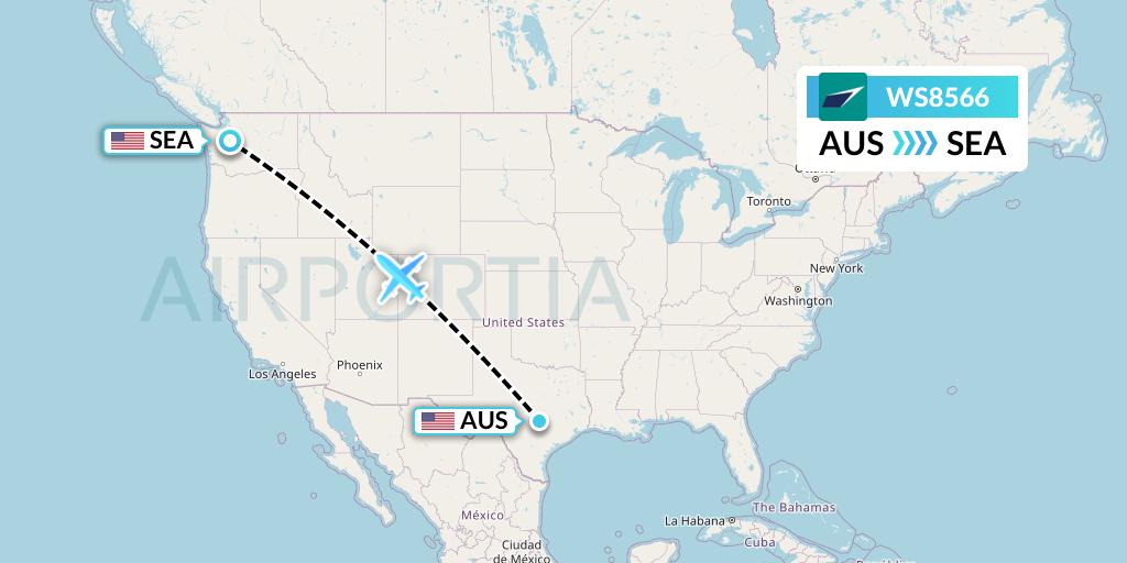 WS8566 WestJet Flight Map: Austin to Seattle