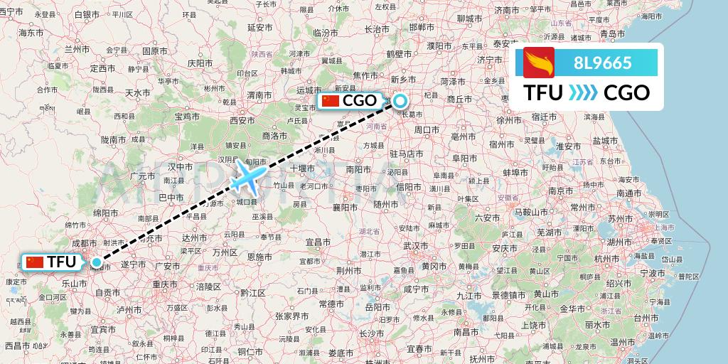 8L9665 Lucky Air Flight Map: Chengdu to Zhengzhou