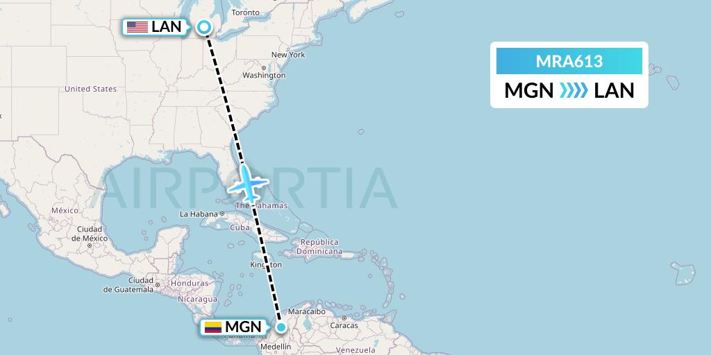 MRA613 Martinaire Flight Map: Magangue to Lansing