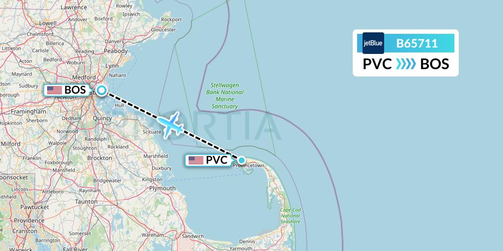 B65711 JetBlue Airways Flight Map: Provincetown to Boston