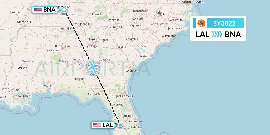SY3022 Sun Country Airlines Flight Map: Lakeland to Nashville