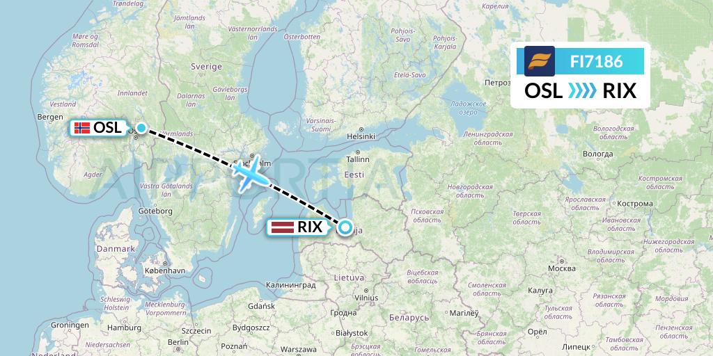 FI7186 Icelandair Flight Map: Oslo to Riga