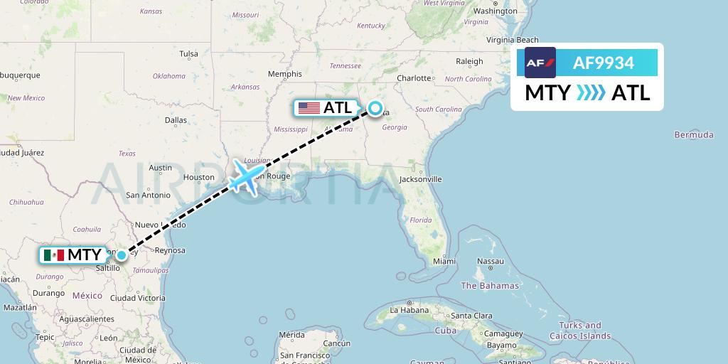 AF9934 Air France Flight Map: Monterrey to Atlanta
