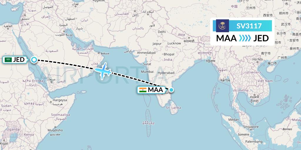 SV3117 Saudi Arabian Airlines Flight Map: Chennai to Jeddah