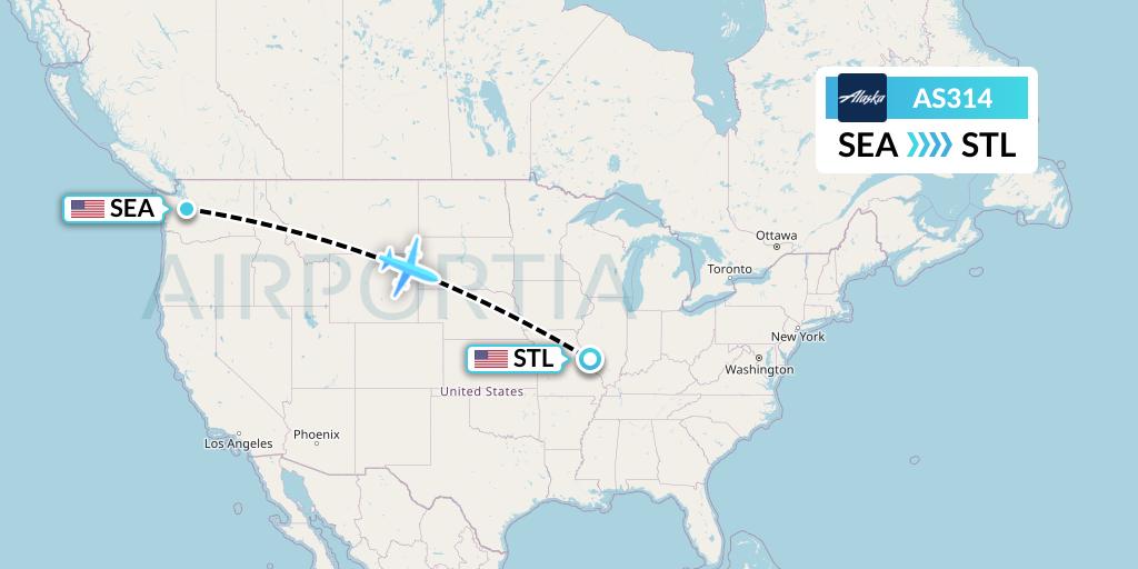 AS314 Alaska Airlines Flight Map: Seattle to St. Louis