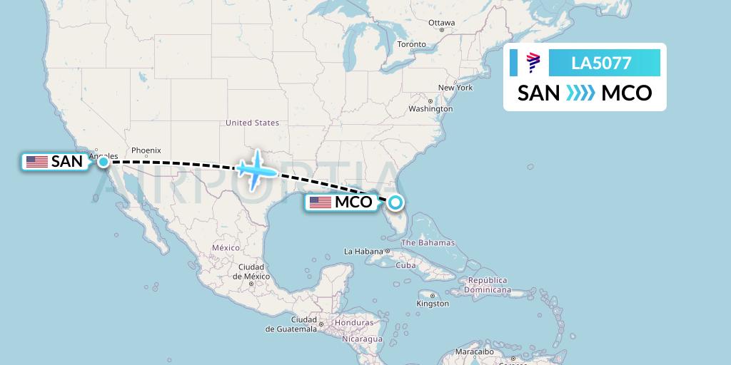 LA5077 LAN Airlines Flight Map: San Diego to Orlando