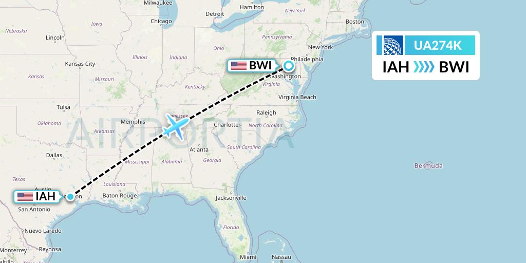 UA274K United Airlines Flight Map: Houston to Baltimore