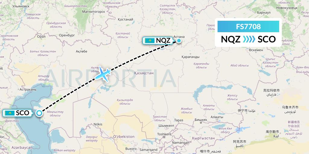 FS7708 Flyr Flight Map: Astana to Aktau