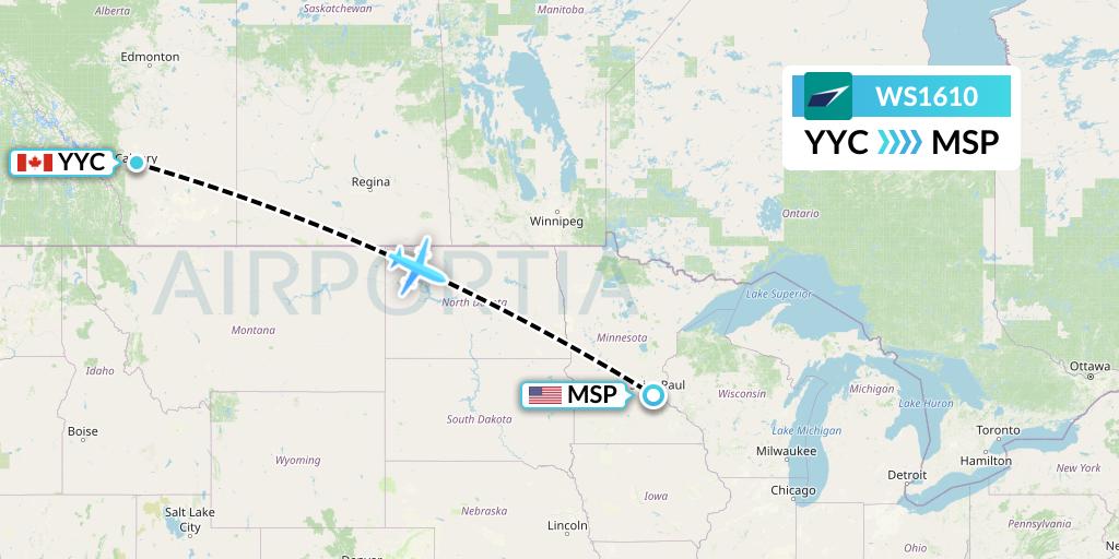 WS1610 WestJet Flight Map: Calgary to Minneapolis