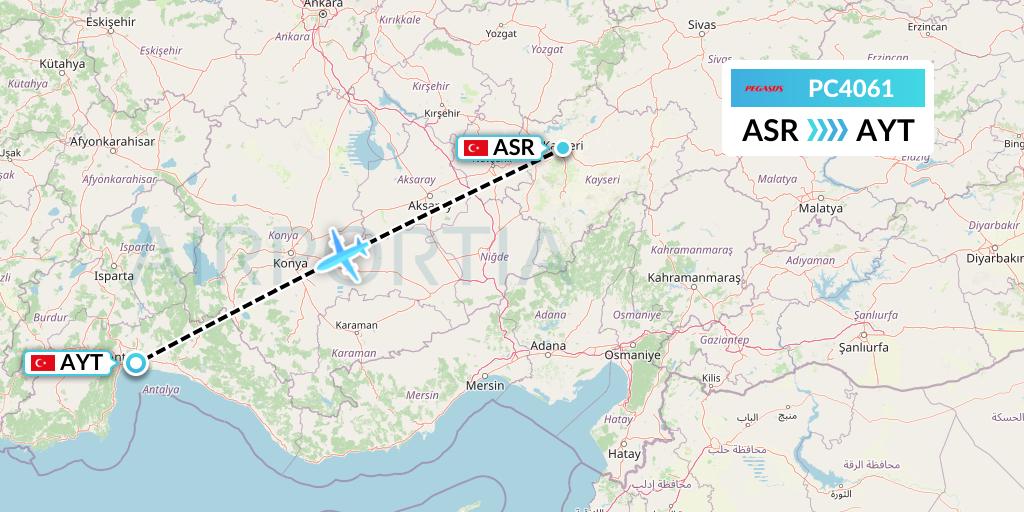PC4061 Pegasus Airlines Flight Map: Kayseri to Antalya