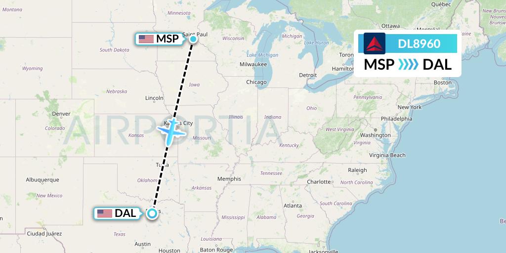 DL8960 Delta Air Lines Flight Map: Minneapolis to Dallas