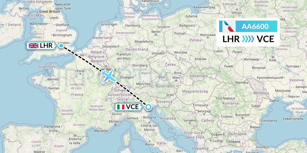 AA6600 American Airlines Flight Map: London to Venice