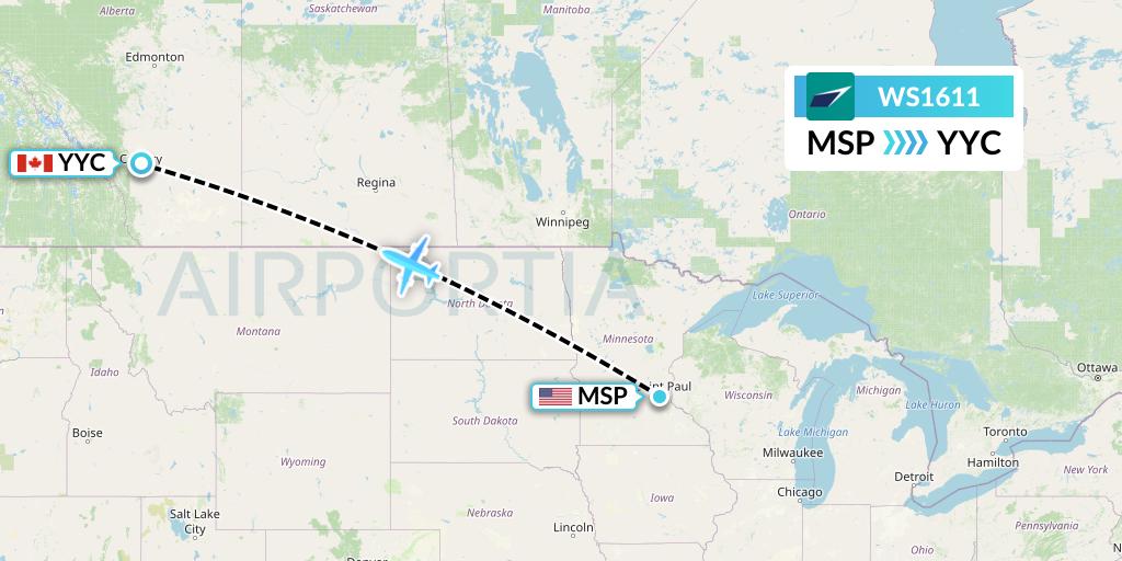 WS1611 WestJet Flight Map: Minneapolis to Calgary