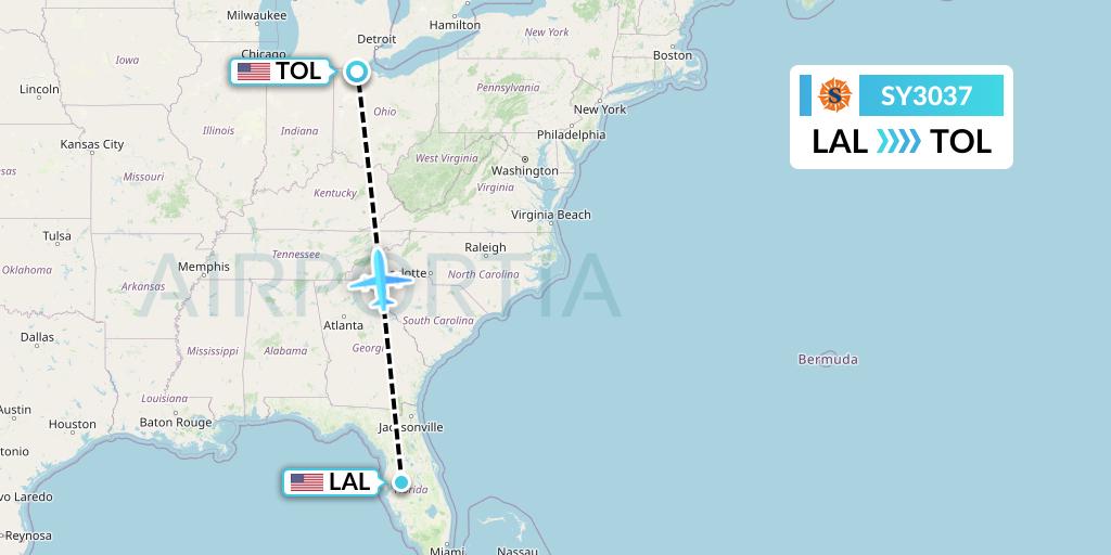 SY3037 Sun Country Airlines Flight Map: Lakeland to Toledo