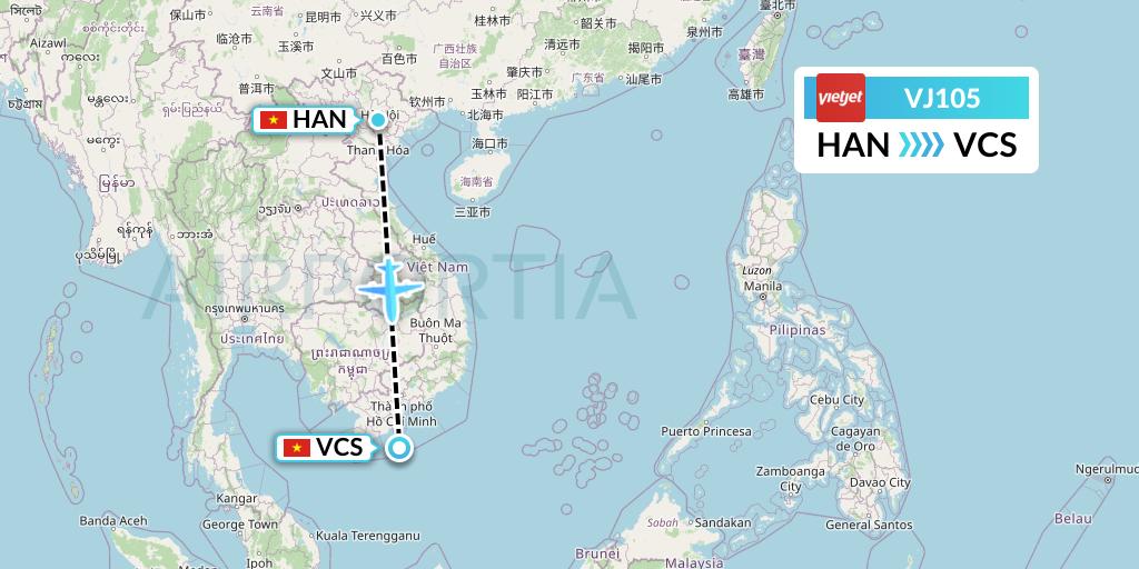 VJ105 VietJet Air Flight Map: Hanoi to Con Dao