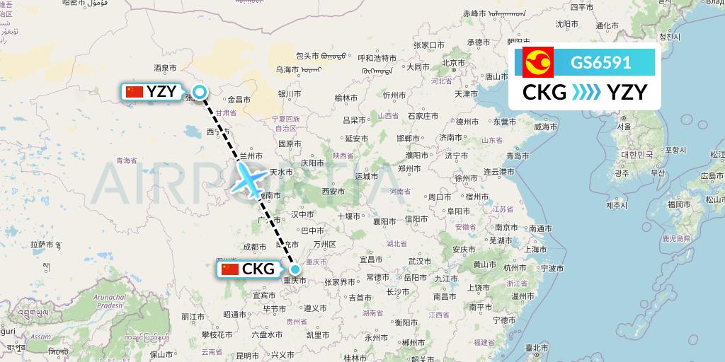 GS6591 Tianjin Airlines Flight Map: Chongqing to Zhangye