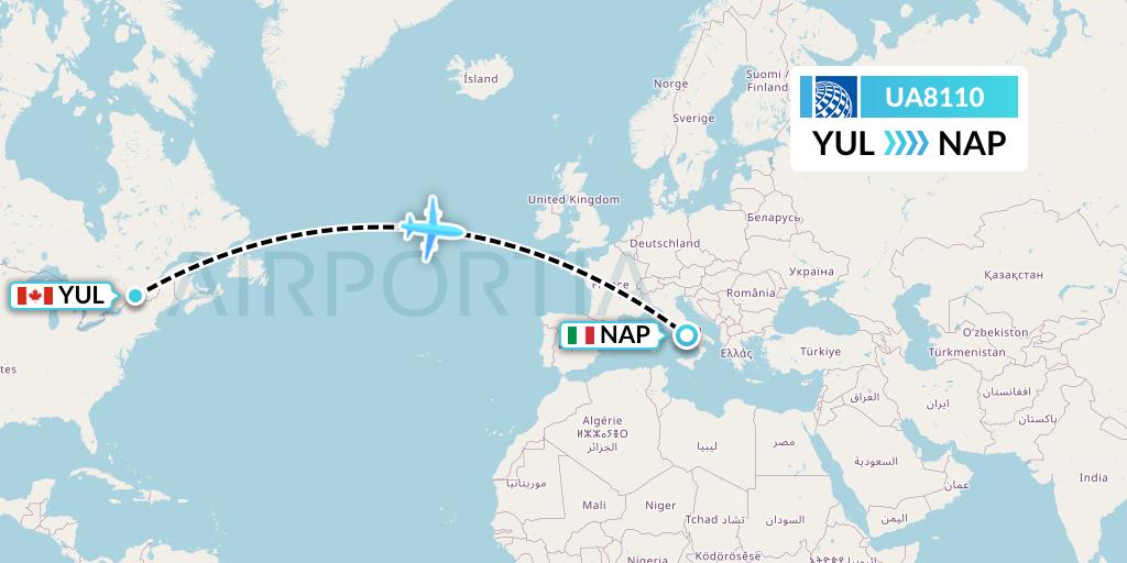 UA8110 United Airlines Flight Map: Montreal to Naples