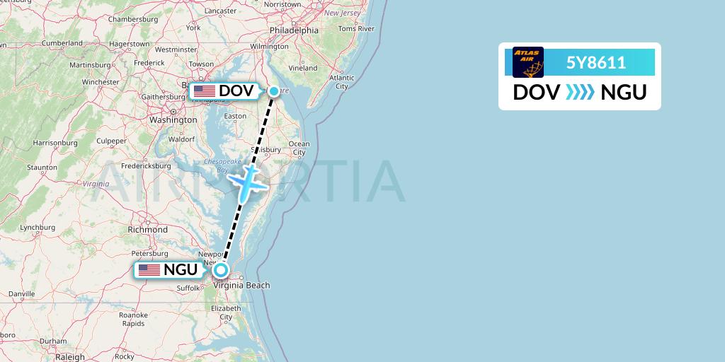 5Y8611 Atlas Air Flight Map: Dover-Cheswold to Norfolk