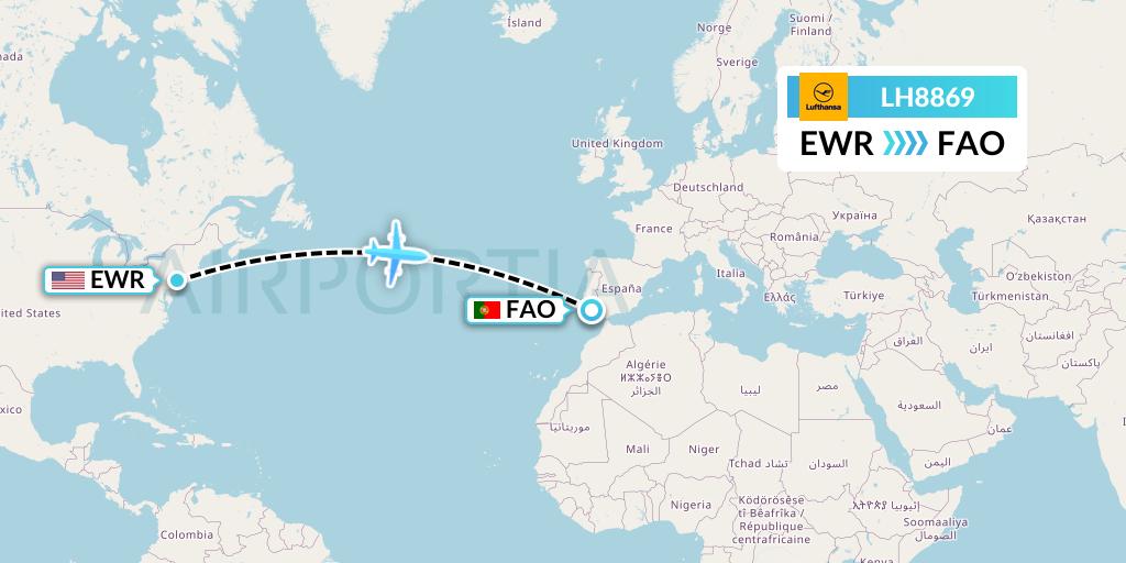 LH8869 Lufthansa Flight Map: New York to Faro