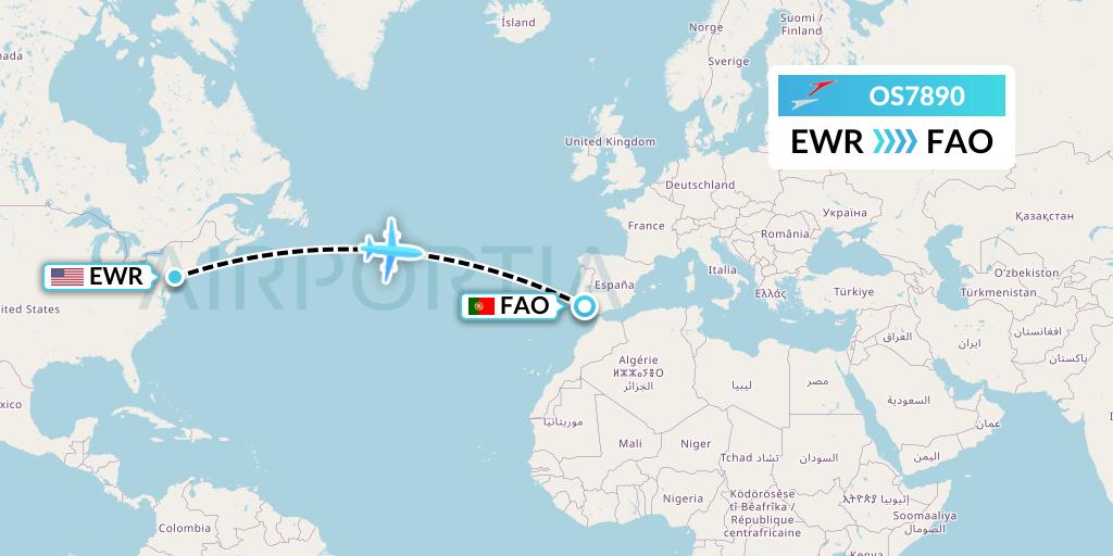 OS7890 Austrian Airlines Flight Map: New York to Faro