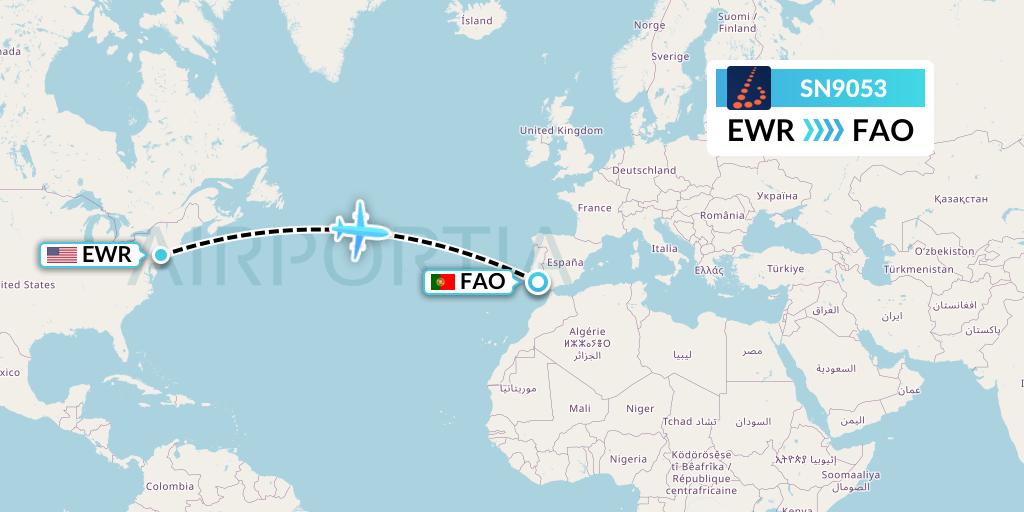 SN9053 Brussels Airlines Flight Map: New York to Faro