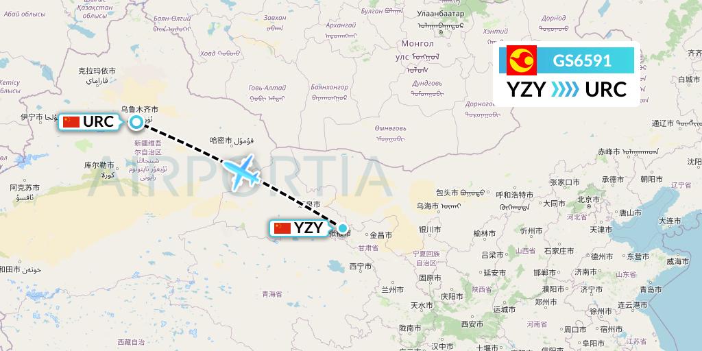GS6591 Tianjin Airlines Flight Map: Zhangye to Urumqi
