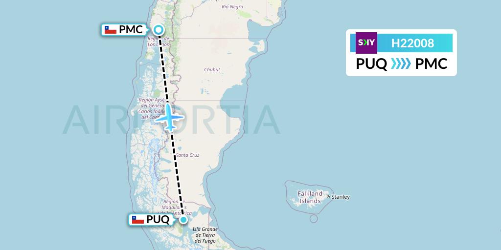 H22008 Sky Airline Flight Map: Punta Arenas to Puerto Montt