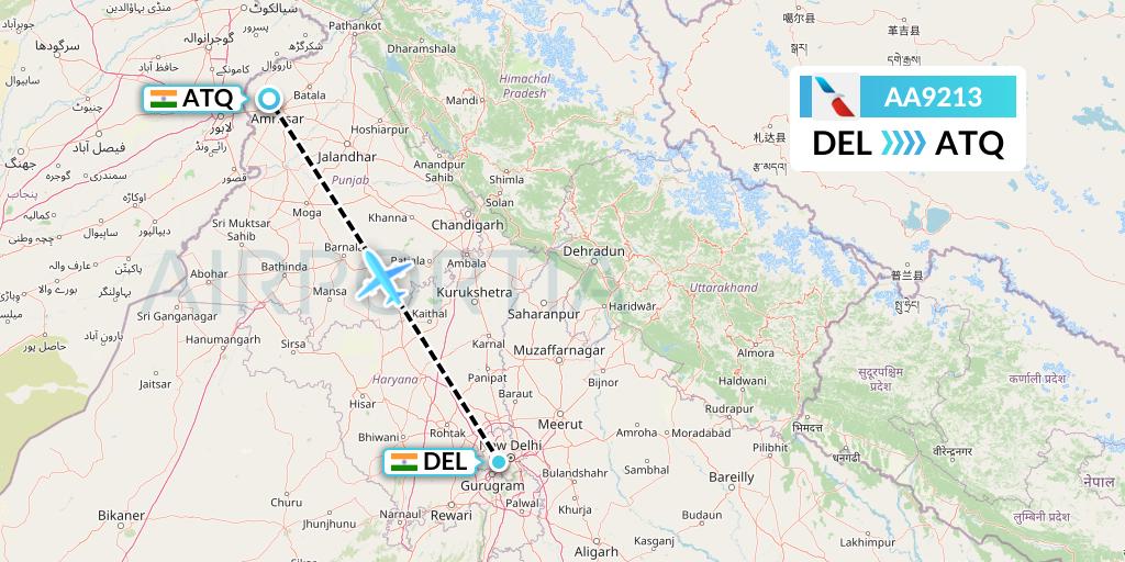 AA9213 American Airlines Flight Map: Delhi to Amritsar