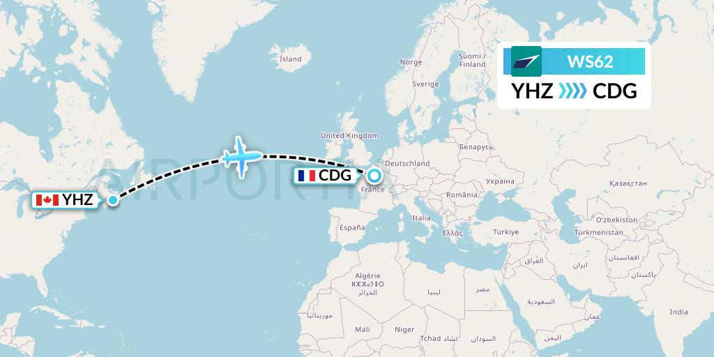 WS62 WestJet Flight Map: Halifax to Paris