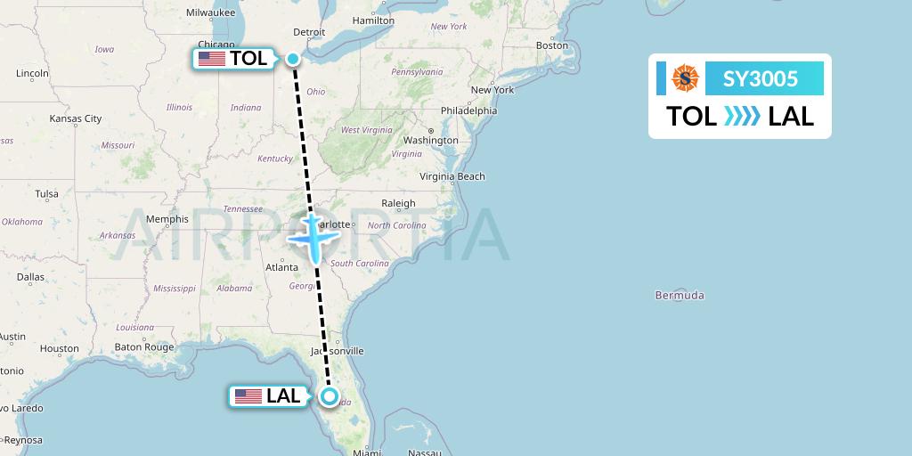 SY3005 Sun Country Airlines Flight Map: Toledo to Lakeland