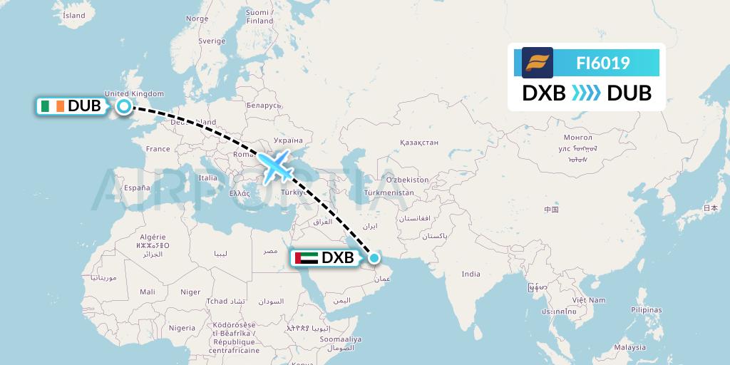 FI6019 Icelandair Flight Map: Dubai to Dublin