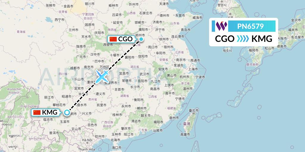 PN6579 China West Air Flight Map: Zhengzhou to Kunming