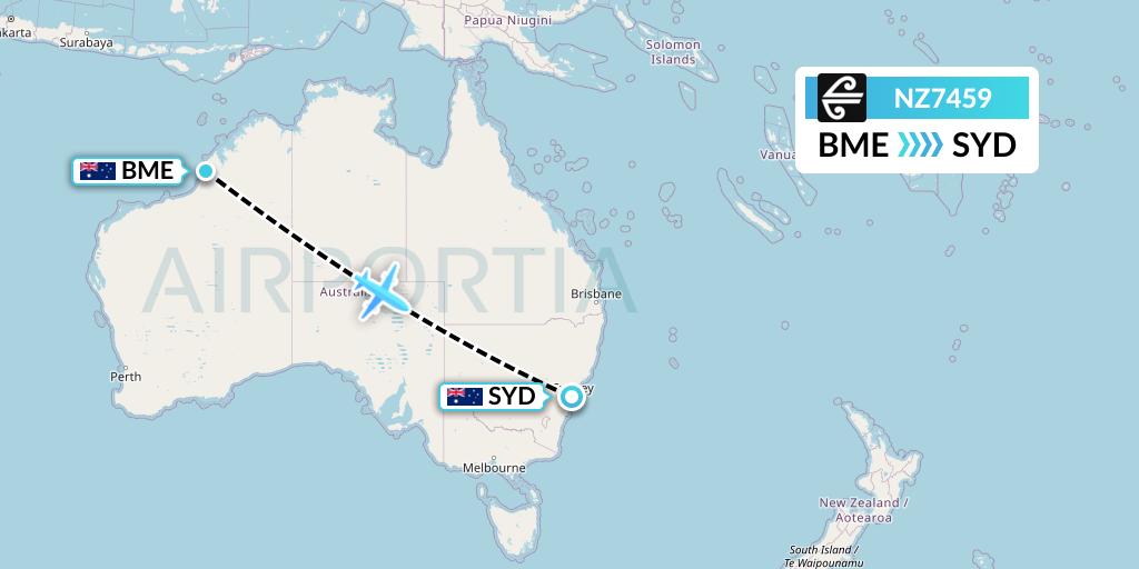 NZ7459 Air New Zealand Flight Map: Broome to Sydney