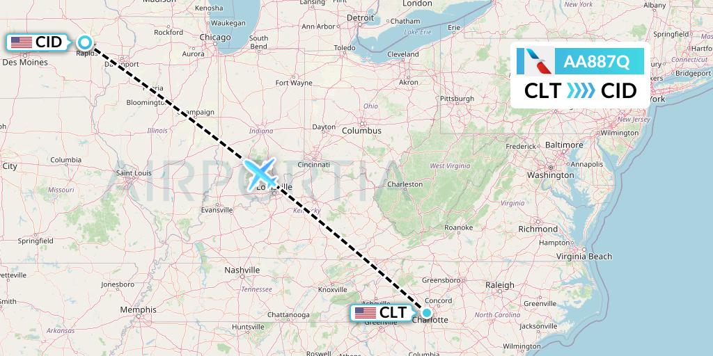 AA887Q American Airlines Flight Map: Charlotte to Cedar Rapids