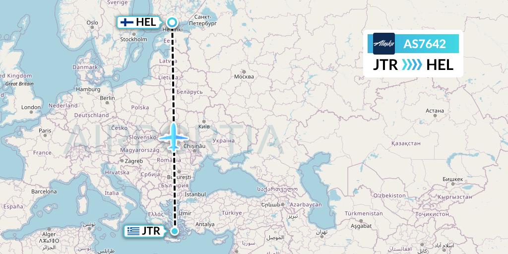 AS7642 Alaska Airlines Flight Map: Santorini to Helsinki