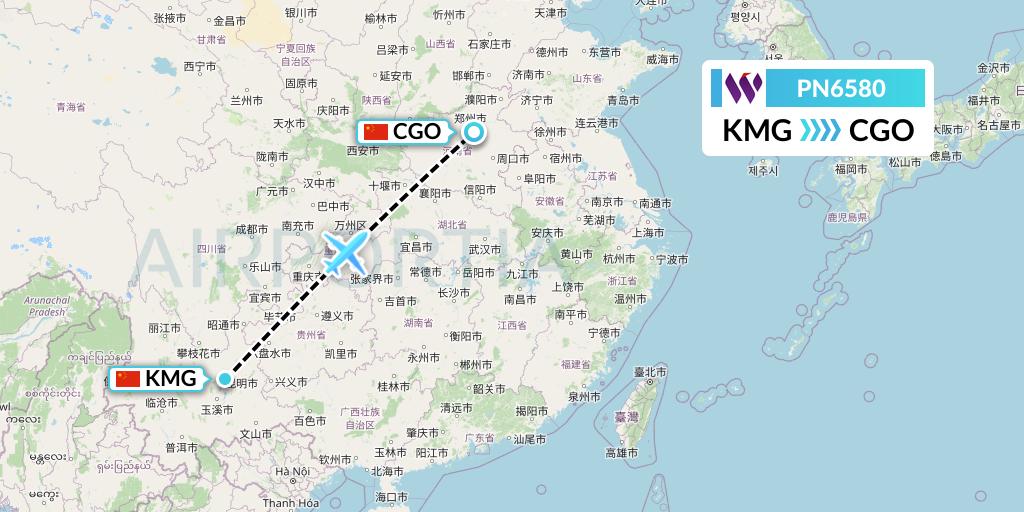 PN6580 China West Air Flight Map: Kunming to Zhengzhou