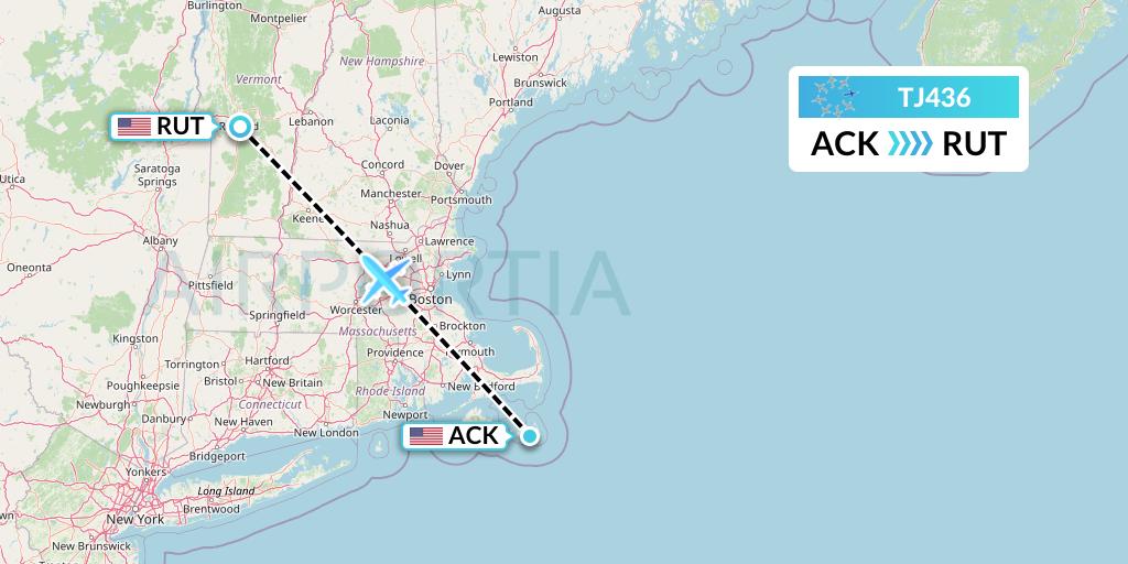 TJ436 Tradewind Aviation Flight Map: Nantucket to Rutland